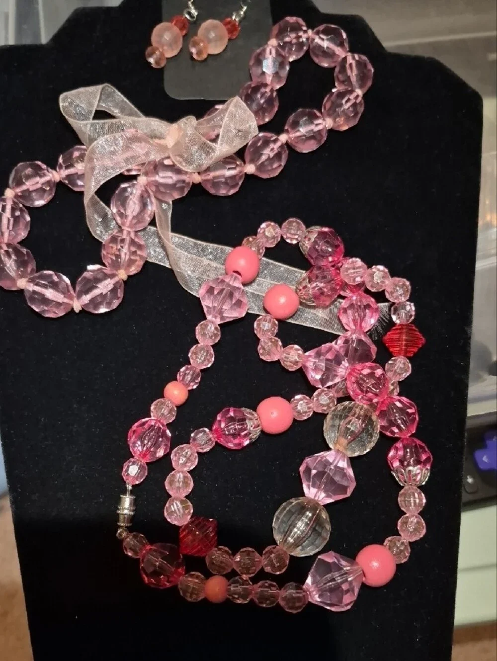 Pink Faceted Acrylic Bead Necklace and Earring Set